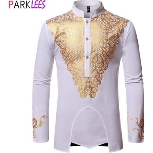 Luxury Metallic Gold Print African Man Clothing Agbada Kaftan Attire White Wedding Mens Dress Shirts Nehru Collar Dashiki Shirt