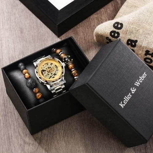Luxury Men Mechanical Wristwatches 2021 Gear Steampunk Skeleton Hand-Winding Watch Gifts Set with 2 Bead Bracelets for Husband