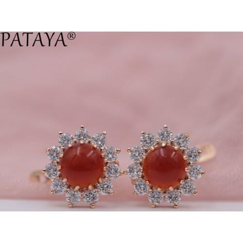 PATAYA Sunlight Big Drop Earrings 585 Rose Gold Round Natural Stone Earrings Vintage Jewelry Natural Cubic Zirconia Onyx Earring