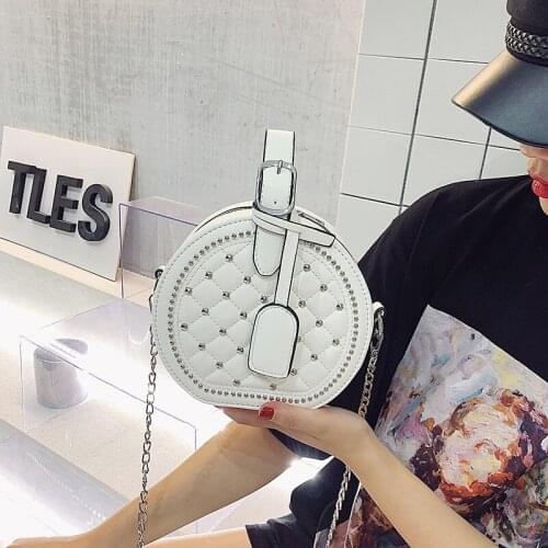 Fashion Rivets Women Crossbody Bag Small Pu Leather Chain Shoulder Bag Ladies Handbag Diamond Grain Barrel Shaped Totes Satchels