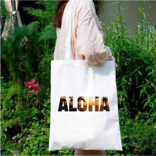 Aloha Tote Bag Cartoon Seaside Shopping Bags Palm Trees Korean Tote Bags Swimming Women Reusable Bag Letter