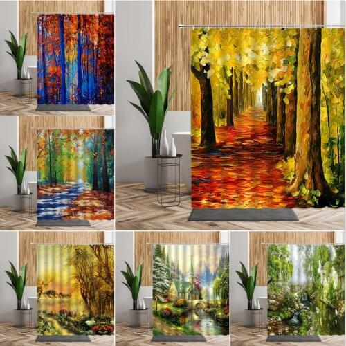 Tree Forest Shower Curtain Colored Oil Painting Bathroom Decors Home Bath Decorate Natural Woods Landscape Living Room Curtains