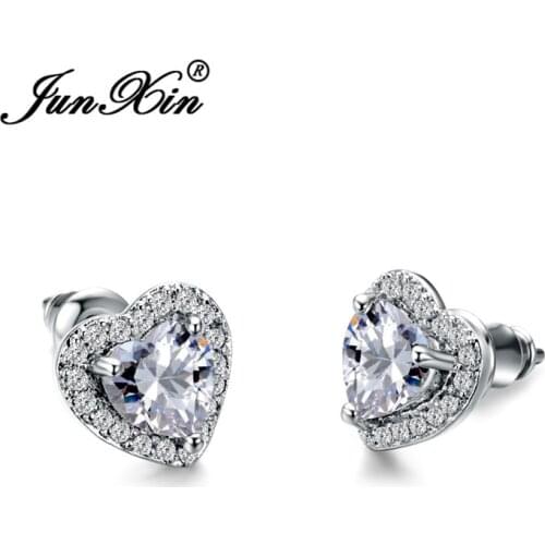 JUNXIN Romantic Shining White AAA Zirconia Heart Stud Earrings For Women Silver Color Bridal Engagement Jewelry