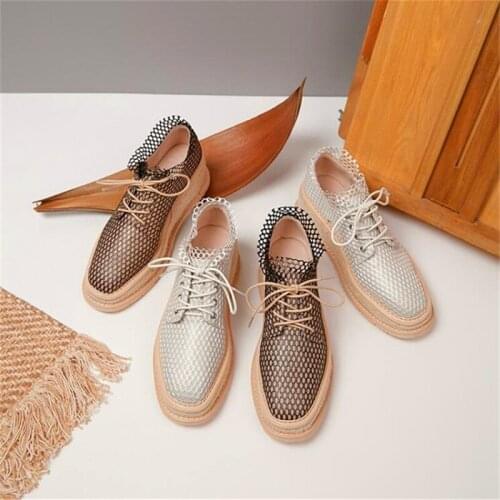 Mesh square toe ladies lace-up heightened platform shoes black silver single shoes spring and autumn ladies casual shoes