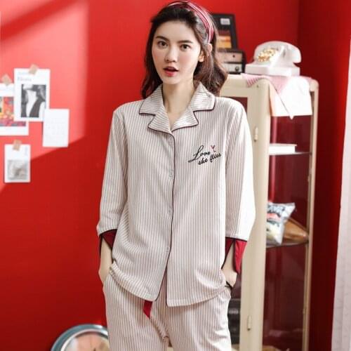 Women new cotton long sleeve cardigan spring and autumn winter trousers Korean ladies lapel Europe and America style pajama sets