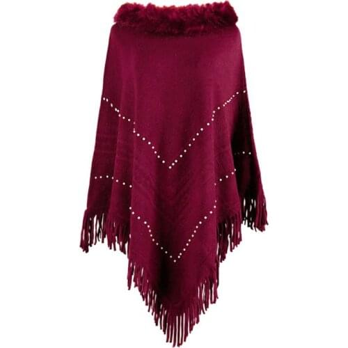 Women Plush Collar Knit Pullover Sweater Top Fringe Tassel Shawl Wrap Batwing Beading Geometric Striped Poncho Cape