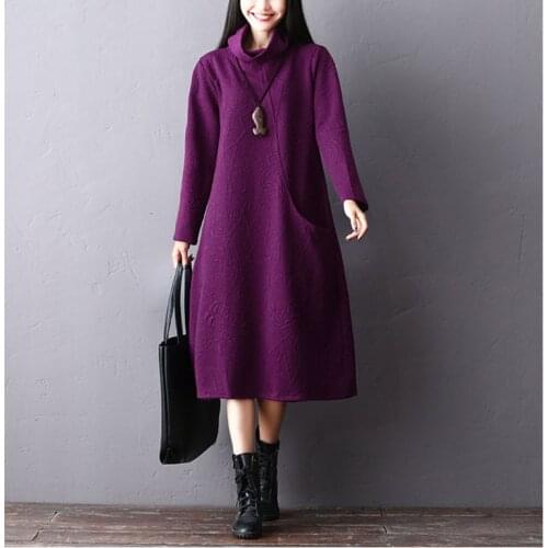 Casual plus size dress autumn winter fashion new womens loose hedging solid color wild turtleneck cotton Vestidos 2020 D13