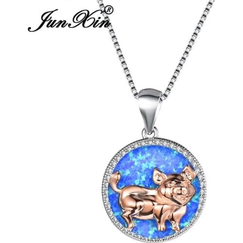 JUNXIN Cute Zodiac Gold Pig Pendant Blue Fire Opal Necklaces For Women White Gold Filled Clavicle Necklace Valentine Jewelry