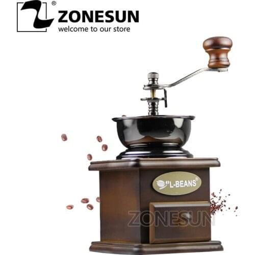 ZONESUNClassical Wooden Mini Coffee Grinder Manual Stainless Steel Retro Coffee Spice Mill With High-quality Porcelain Movement