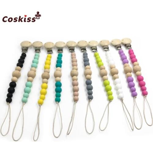10pcs Baby Silicone Teether Wooden Pacifier Clip Newborn Baby Soother Clip Chew Beads DIY Natural Baby Teething Grasping Toy