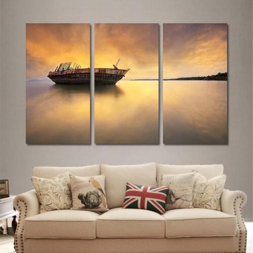 3 Pieces Modern Sunrise on The Sea Landscape Wall Art Painting Home Decoration Boat Oil Painting Cuadros Decoracion No Frame