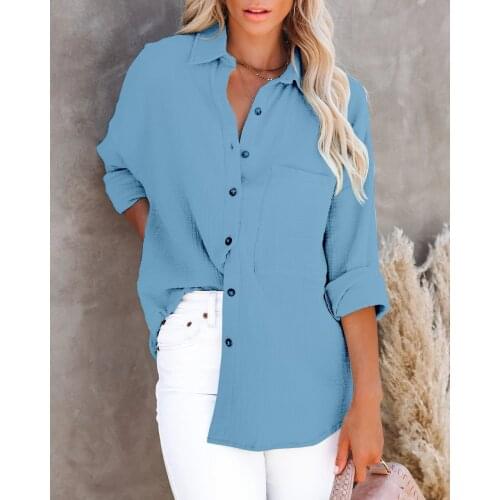 Casual Loose Pure Color Lapel Pockets Blouse Women 2021 Fall Long Sleeve Button Ladies Cotton Linen Shirt Top Femme Blusas Tops