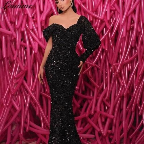 Dubai Black Sequins Evening Dresses Long One Shoulder Muslim Evening Gowns Mermaid вечерние платья Prom Dresses Party Vestidos