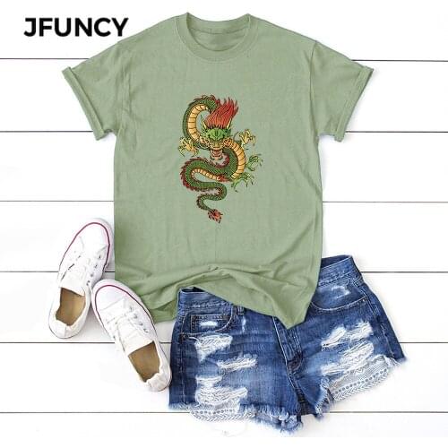 JFUNCY Plus Size Women T-shirts 2020 Summer Dragon Printed T Shirt Female Short Sleeve Cotton Tshirt Woman Casual Loose Clothes