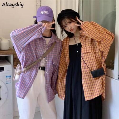 Plaid Shirts Women College Student Couple Friends Simple All-match Leisure Loose Spring Teens Korean Style Pocket Ins Streetwer