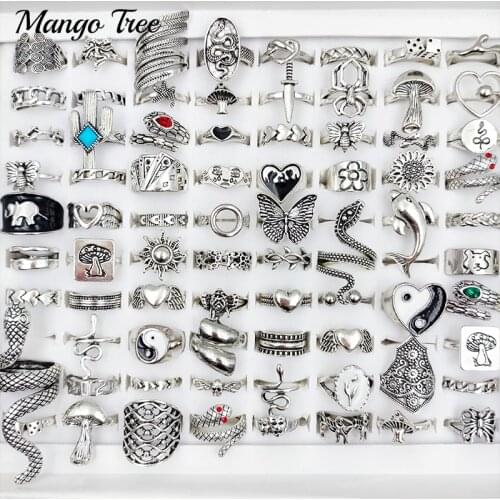 30Pcs/Lot Vintage Skull Heart Flower Angel Ring for Women Gothic Punk Hip Hop Silvery Mixed Butterfly Snake Finger Rings Jewelry