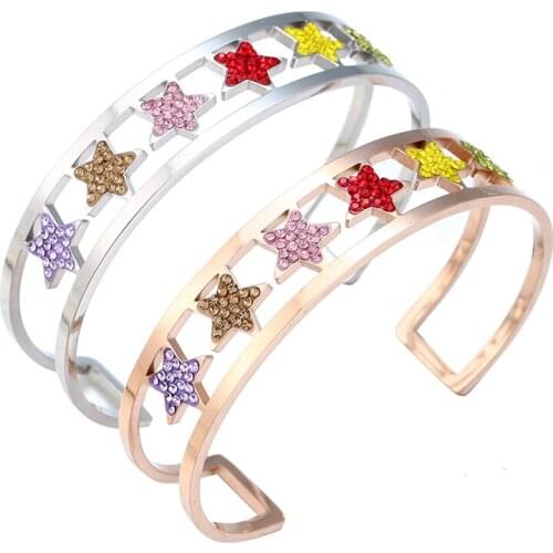 Beautiful Simple Colorful Star Crystal Color Rose Gold Stainless Steel Bracelets Bangles Punk for Women Men Best Gift Jewelry