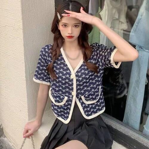Summer Short Sleeve Sweet Korean Blouse Sweet Crop Top Turn Down V Collar Botton Short Sleeve Shirts