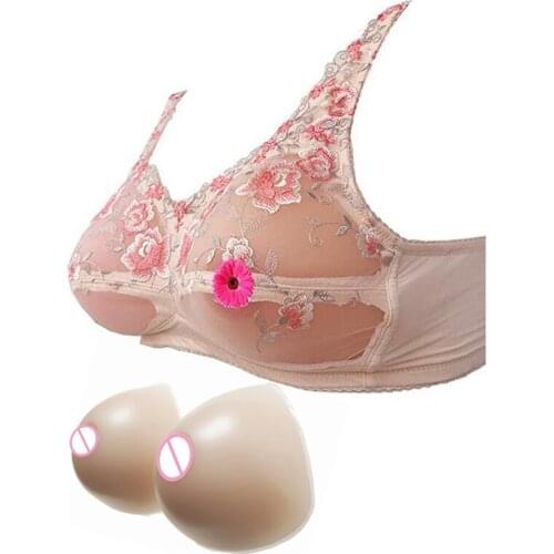 Mastectomy Lace Pocket Bra Embroidery Pattern Underwear with Silicone Breast Forms Fake Boobs Chest Lifter for Cosplay Ajusen