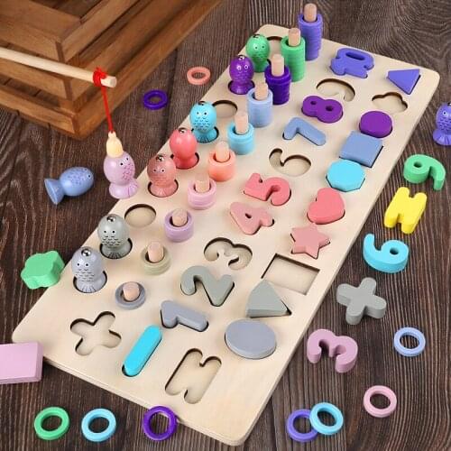 Montessori Educational Wooden Toys Board Magnetic Math Fishing Count Numbers Matching Shape Match Early Education Kids Toy