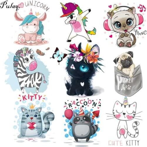 Cartoon Cat Dog Patch Iron On Transfers For Clothing Heat Transfers Cute Unicorn Animal Thermo Stickers On Kids Clothes Stripes