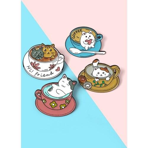 New Cup Cat Enamel Pin Custom Cute Cats Coffee Brooch Bag Clothes Lapel Pin Kitten Cafe Badge Animal Jewelry Gift Friends