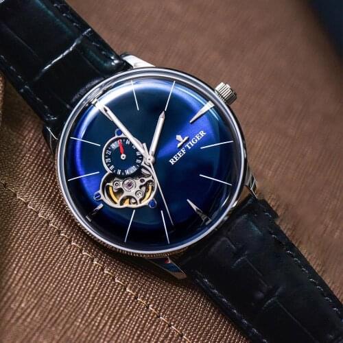 New Reef Tiger/RT Designer Blue Watches Rose Gold Convex Lens Glass Automatic Watches for Men RGA8239