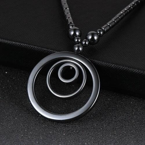 Natural Stone Black Hematite Round Circle Pendant Necklace 18“ ”Fashion Women Choker Necklaces Chain Trendy Ladies Party Jewelry