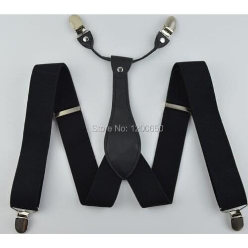 Free shipping mens vintage leather suspenders with 4 clips Adjustable Solid Black trouser elastic strap Grandfather Gifts 3.5 cm