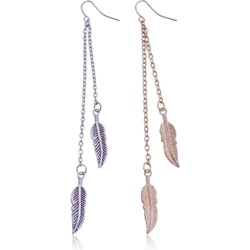 Retro Long Tassel Feather Pendant Earrings For Women Bohemian Leaves Gold Silver Color Earrings Elegant Ladies Party Jewelry