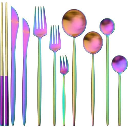Round Handle Rainbow Cutlery Set Knife Dessert Fork Coffee Spoon Tableware Set 18/10 Stainless Steel Dinnerware Kitchen Flatware