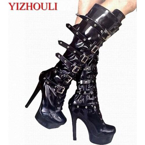 Super beautiful belt buckle thick bottom black medium boots, nightclub super high heels with womens shoes, 15cm/ Dance Shoes