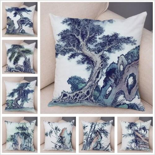 Super Soft Short Plush Chinese Ink Scenic Pillows Case Cushion Covers for Sofa Home car Decor Bamboo Tree Printed Pillowcase