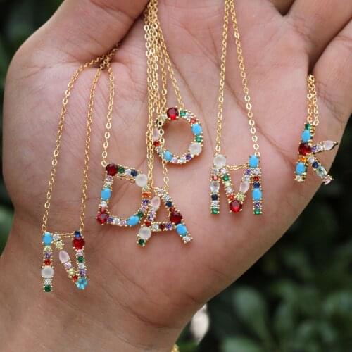 Trendy Initial Pendant Necklace Women Copper Macro Rainbow CZ A-Z 26 Colorful Letter Gold Chain Necklace Charm Jewelry For Femme