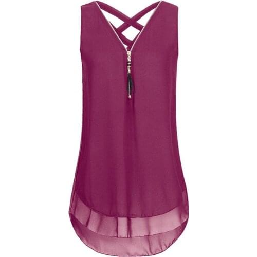 2021 New Summer Plus Size Lady Solid Color Casual V Neck Sleeveless Loose Chiffon Zipper Tanks Hollow Out Blouse Vest