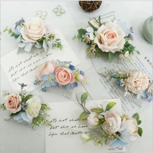 EillyRosia Pink Blue Flower Bridal Headwear Hair Pins Roses Flower Comb Country Wedding Holiday Travel Women Hair Accessories
