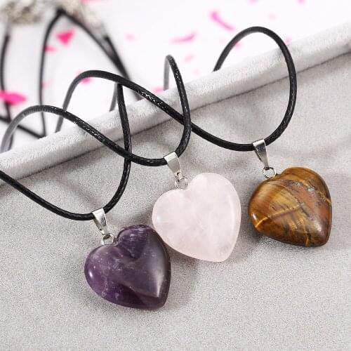 Women Heart Pendants Necklaces Natural Stone Pink Purple Tiger Eye Stone Charm Black Leather Chain Choker Jewelry Accessories