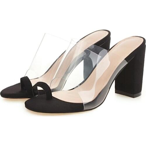 High Heels Mules Shoes Woman Block Heel PVC Transparent Clear Shoes 2020 Summer Sandals Ladies Outdoor Slippers Plus Size 45 46