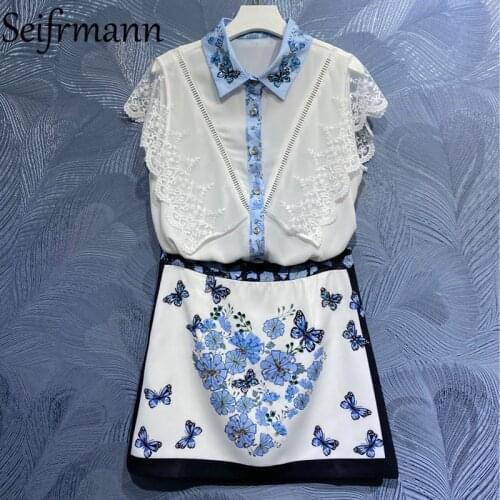 Seifrmann New 2021 Summer Women Fashion Designer Skirts Set Short Sleeve Lace Blouses + High Waist Beading A-Line Skirts Suits