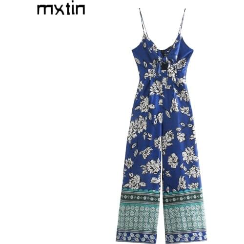 MXTIN 2021 Women Summer Vintage Floral Print Bow Tie Zipper Playsuits Fashion V-Neck Sleeveless Backless Female Sling Jumpsuits