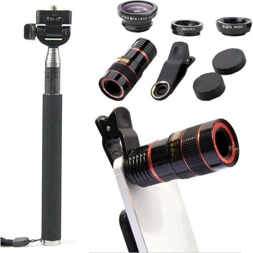 12X HD Mobile Phone Camera Lens Telescope Zoom Macro Lens For Iphone Samsung Smartphone With Selfie Stick Tripod Bluetooth Remot