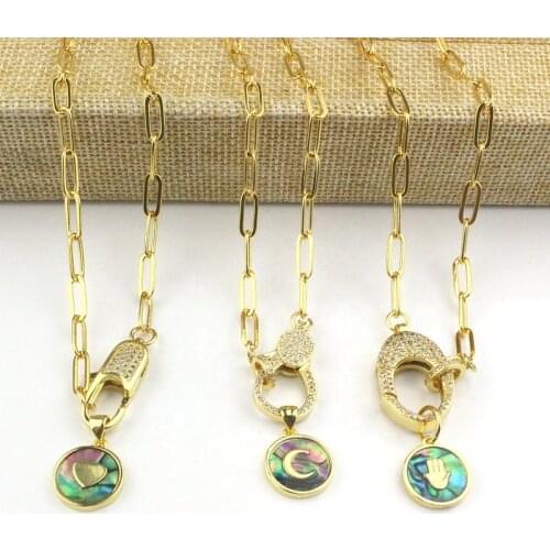 18inch 5pcs/lot Cz clasp charm necklace,abalone shell pendant with cz clasp necklace,plating link chain jewelry necklace