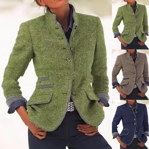 40%HOTWomen Long Sleeve Button Stand Collar Autumn Winter Slim Woolen Coat Jacket