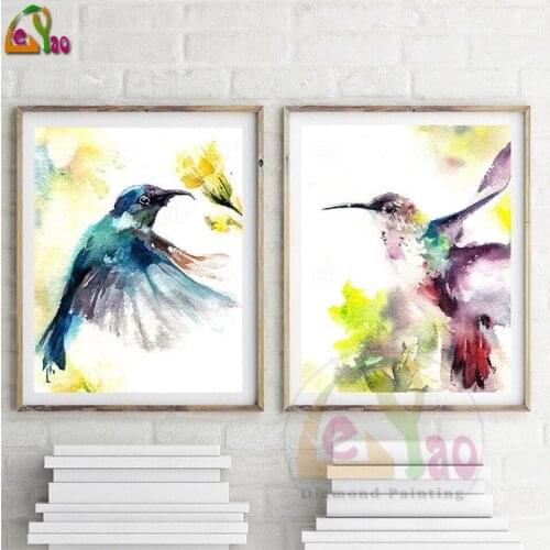 5D DIY Diamond Painting Hummingbird Full Square Round Drill Diamond Embroidery Colorful Watercolor Bird Wall Art Animal Decor
