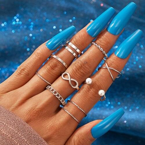 HuangTang 9pcs/set Original Design Cross Twist Pearl Finger Ring Set for Women Minimalist Gold Silver Color Joint Ring Jewelry
