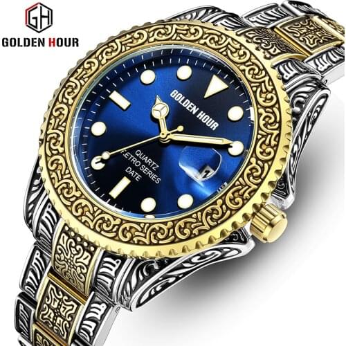 2020Men’s Watch Top Luxury Brand Creative Quartz Watches GOLDENHOUR Men Stainless Steel Watch Band Big Sport Clock Relogio Mascu