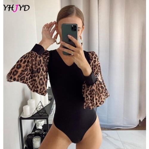 2021 Summer Women Fashion Club Party Body Long Sleeve Bodysuit V Neck Leopard Mesh See-through Sexy Patchwork Black Body Suits