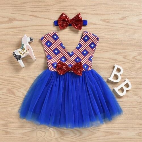 Kids Girls Dress with Star and Stripe Print V-Neck Sleeveless Lace Bow Dress