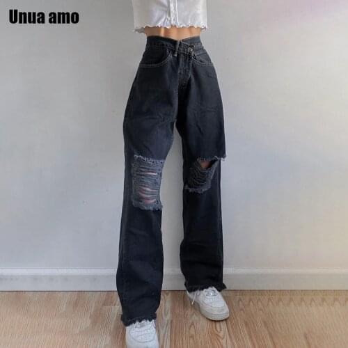 Unua amo New Streetwear Ripped Hole High Waist Jeans Women Pantalon Fashion Loose Wild Black Trousers Joggers Denim Pants
