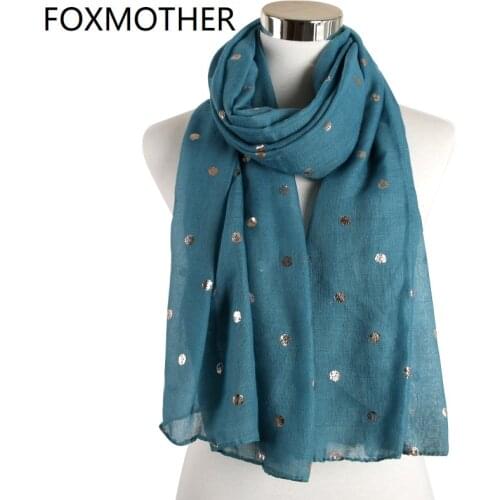 FOXMOTHER New Fashion Winter Teal Blue Foil Gold polka Dot Scarves Wrap Shawl ladies scarf Sjaals Foulard Women
